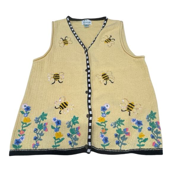 Quacker Factory Sweaters - Vintage ThEQuacker Factory Yellow Button Up Sweater Vest M Bumble Bee Floral